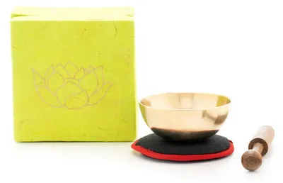 Produktbild von Mini Klangschale handgefertigt in Nepal, grüne Box, Lotus Aufdruck, Geschenkidee