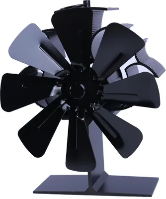 A black stove fan with multiple blades is shown against a white background.