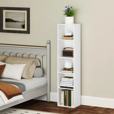 Produktbild von SUGIFT höhenverstellbare Einlegeböden, Bücherregal 5 Fächer, Spanplatte Melamin, Weiß | Kippschutz | 40 kg Tragkraft | 30 x 24 x 133,5 cm