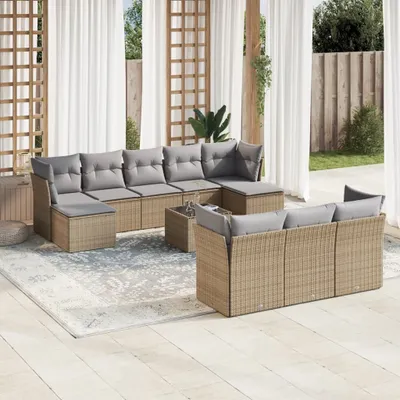 Produktbild von Design 11-tlg. Garten-Sofagarnitur mit Kissen Beige Poly Rattan, Gartenmöbel-Sets 2024 Neu
