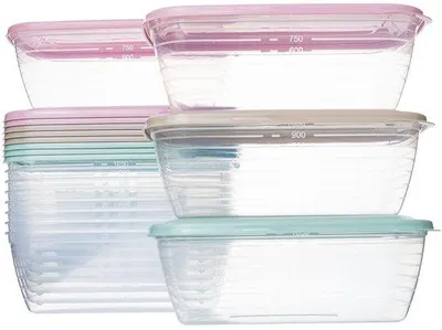 Obrázek produktu pro Sada 12 kusů nádob na potraviny – bez BPA – objem 1,2 litru – vhodné do mikrovlnné trouby – lze mýt v myčce – průhledný plast – rozměry 15 x 9,4 x 6 cm – úložné boxy