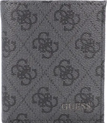 A close-up view of a gray Guess wallet with a repeating logo pattern.