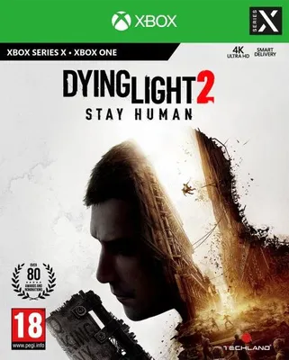 The cover art for the video game Dying Light 2: Stay Human, featuring a close-up of a man's face with a city skyline superimposed.