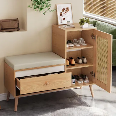 Produktbild von MODFU Schuhschrank Sitzbank Rattan-Optik Mit Sitzpolster Schuhaufbewahrung Mit Schubladen und Fächern Für Den Flur Natur