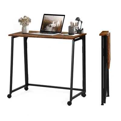 Image de Meubles Cosy : bureau pliant de style industriel / bureau d'ordinateur à 4 roulettes, en bois et métal noir - ASCOLI