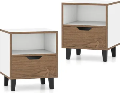 Image de Ensemble de 2 tables de chevet avec étagère ouverte et tiroir