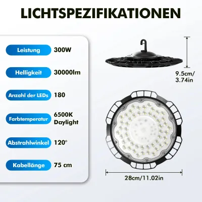 Immagine prodotto di Lampada a LED UFO per ambienti industriali - Lampada ad alta illuminazione - 300 W - Confezione da 2 - Grado di protezione IP65 - Alimentazione di rete - Impermeabile