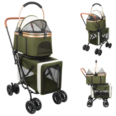 Produktbild von 2. Stock Hundebuggy Hundebox Faltbar Katzenbuggy mit Netzfenstern für 1 oder 2 Hunde Armeegrün