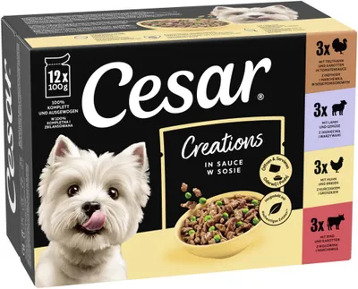 Produktbild von CESAR® CREATIONS Multipack Portionsbeutel 4 Varietäten Rind, Huhn, Lamm, Truthahn in Sauce 12 x 100g