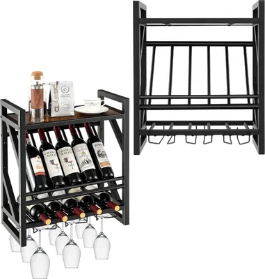 Obrázok produktu pre Nástenný stojan na víno s držiakom na poháre, stojan na 10 fliaš vína a 12 pohárov na víno, nástenný stojan na víno z dreva a kovu, nástenný stojan na fľaše vína, plávajúci stojan na víno 51x26,5x60 cm