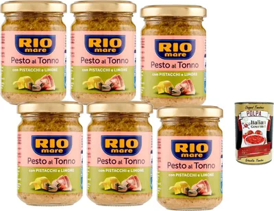 Produktbild von Rio Mare Pesto al Tonno Pistazie & Zitrone 6x130g italienische Thunfisch-Pesto-Sauce für Pasta, Sandwiches, Antipasti, Vorratspack + Italian Gourmet polpa