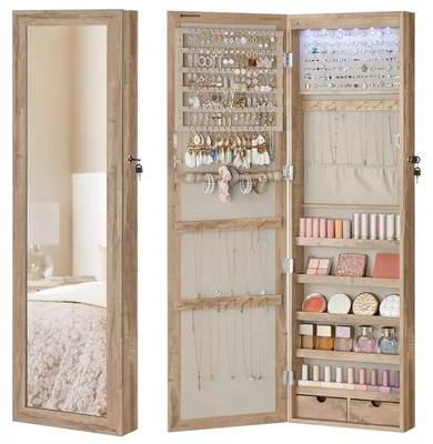 Produktbild von SONGMICS Schmuckschrank hängend, Wandspiegel, 6 LED-Glühbirnen – Eichenbraun