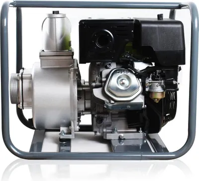 A water pump with a gasoline engine mounted on a metal frame, shown against a white background.