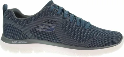 A side view of a navy blue Skechers shoe against a white background.