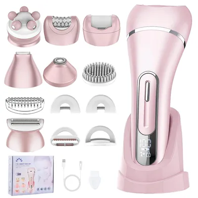 Productafbeelding van Focenat 7-in-1 epilator voor dames, scheerapparaat voor dames, intiem scheerapparaat voor vrouwen, elektrisch dames scheerapparaat, bikinischuurtje voor dames, voor het intieme gebied, IPX7 waterdicht, LED-display, geschikt voor bikini, oksels, benen – roze