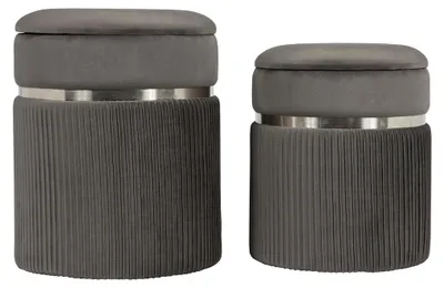 Image de Set de 2 Poufs de Rangement Zora en Velours Gris et Argent