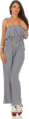 Produktbild von 204 Damen Overall 2 in 1 Optik Bandeau Top lange Hose schulterfreier langer Jumpsuit gestreifter Einteiler mit Volants und tailliert One Size S M L Dunkelblau