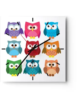 Produktbild von Wanduhr - Quadrat - Glasuhr - Eulen Bunt Kinder Zeichnung - 40x40cm - Schleichendes Uhrwerk - Lautlos - zum Aufhängen bereit - Dekoration Modern - Wanddekoration aus Glas - C3AC40x40-2880