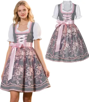 Obrázek produktu pro Dirndl šaty dámské midi   kroj vyšívané šedé růžové velikost L 105 cm