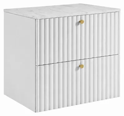 Immagine prodotto di Mobile sospeso da bagno con piano 60 cm, bianco, e piano effetto marmo bianco, maniglie disponibili in tre colori, dimensioni 60 x 44,4 x 58,6 cm, Immagine generata dall'IA