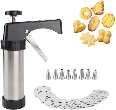 Productafbeelding van Koekjespers Set - Deegspuit Gebakpers - Koekjes Bakken - Roestvrij Staal - 25 x 14.5 cm - Zilver