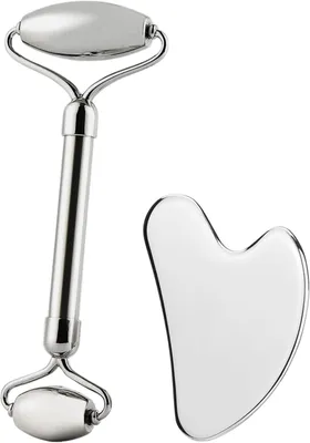 Produktbild von Gua Sha und Facial Roller Set, Edelstahl 304, Massage Tool mit Kühleffekt, für Gesicht und Augen