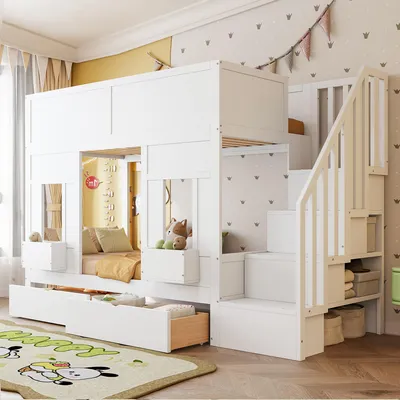 Productafbeelding van Kinderekker, 90 x 200 cm, met opbergruimte in de trap, 2 lades, opbergvakken, veiligheidsreling en een raamontwerp. Ruimtebesparend kinderbed, gemaakt van hout