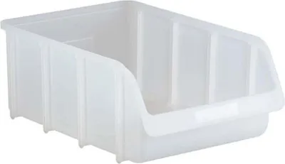 A clear, studio shot of a white plastic storage bin.