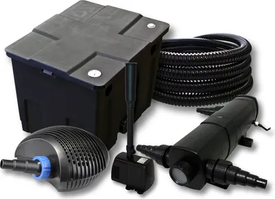 Immagine prodotto di Set completo SunSun: filtro per laghetto CBF-350 fino a 12000L sistema di filtraggio a flusso continuo, pompa per laghetto CTF-6000 6000l/h 40W, chiarificatore per laghetto CUV-236 36W, tubo per laghetto 25m 25 mm, fontana HJ-943 800l/h 16W