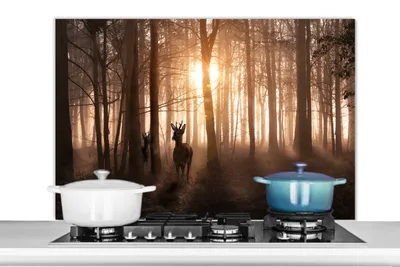 Produktbild von KitchenYeah®  Spritzschutz Küche - Küchenrückwand - Wandschutz für Herd und Spüle - Wald - Hirsche - Sonne - Bäume - Winter - Natur - Tiere 100x65 - Alu-Dibond (Alternative zum Spritzschutz aus Glas)