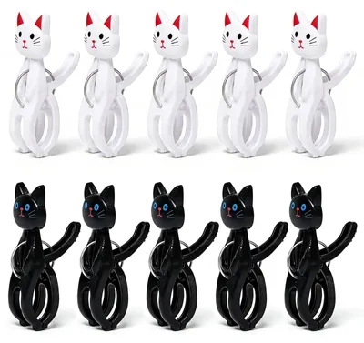 Strandhandtuchclips 10er-Set, Katzendesign, schwarz-weiß, Kunststoff, 11 cm