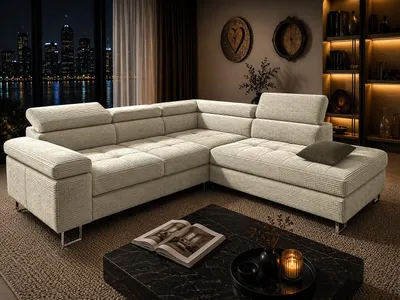 Produktbild von Goldstoff Voyage Cord-Ecksofa mit Schlaffunktion Beige L-Form Eckcouch mit Bettkasten Liegefläche 195 x 125 cm verstellbare Kopfstützen