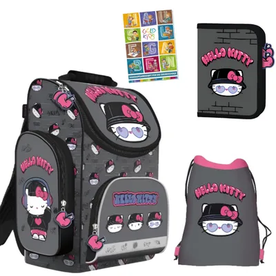 Produktbild von Schulranzen für Jungen und Mädchen, 4er-Set - Schul-Rucksack für Kinder mit Federmäppchen - Schuhbeutel und Hausaufgabenheft- Hello Kitty Motiv