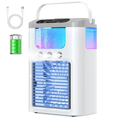 A white portable air cooler with a blue and purple illuminated water tank, a USB charging cable, and a battery icon.