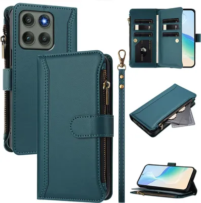 Immagine prodotto di Custodia per Motorola Moto Edge 60 Pro, con cerniera, portafoglio Custodia flip in Finto cuoio con tasche per carte, supporto e passante per la mano verde