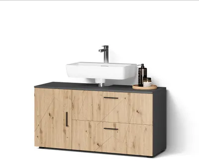 Immagine prodotto di Mobiletto per lavabo Livinity Ronco Antracite/Rovere artigianale 120.1 x 60.6 cm con 2 cassetti e 1 anta, Model 62535