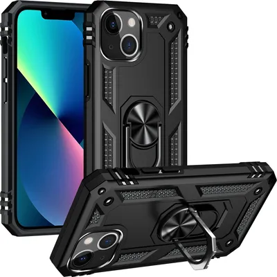 Produktbild von Schutzhülle für iPhone 14, Dual Layer Militäre Fallschutz Hülle mit Ringhalterung Ständer für iPhone 14 Schwarz