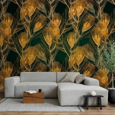 Produktbild von Vlies Fototapete - Golden peacock feathers - solid background with bird pattern on green background 100x70 cm Blumen b-A-10107-a-c
