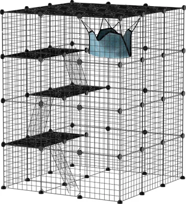 Produktbild von PawHut Katzenkäfig für Drinnen 4-stöckig Katzengehege mit dichtem Metalldraht Hängematte Rampe DIY-Katzenlaufstall mit Türen Sprungplattformen, Käfig für 1-3 Katzen 105 x 105 x 140cm Schwarz