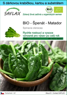 Obrázek produktu pro SAFLAX Dárková sada - BIO - Špenát - Matador - Spinacia oleracea - 300 Semena - S dárkovou krabičkou, přepravním štítkem, dárkovou kartou a pěstebním médiem
