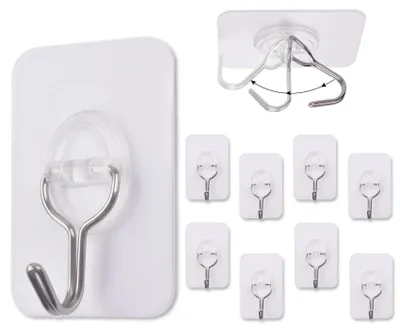 Image de Lot de 9 crochets adhésifs transparents, résistants à l'eau, sans perçage, crochets adhésifs ultra-résistants (max. 10 kg), crochets adhésifs transparents pour la cuisine, la salle de bain, le salon, le plafond et le bureau
