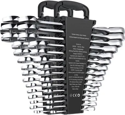 Produktbild von 30-Stück Ratensetset, Kombinationschlüsseleinheit aus Cr-V-Stahl, SAE 1/4“ bis 1”, metrisch 8 mm bis 24 mm, mit Organisationshalter, ideal für Werkstatt, Garage, Haushalt, Notfälle