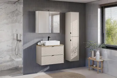 Produktbild von MONTIERT Badmöbel Set mit Waschbecken BELLA CASHMERE 80 cm MDF SOFT-CLOSE LED komplettes Badmöbel Set