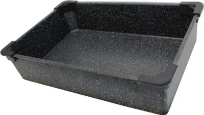 A square-shaped black pan with a speckled granite-like finish and black corner protectors, shown from a diagonal top-down view against a white background.