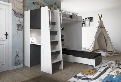 Produktbild von Marlux-Meble Hochbett JSM-7 90x200 TREPPE Links mit Schreibtisch Schränke und Ausklappbares Sofa 70x180 Hochglanz Funktionsbett Etagenbett Stockbett Kinderhochbett Jugendhochbett (Graphit Glanz)