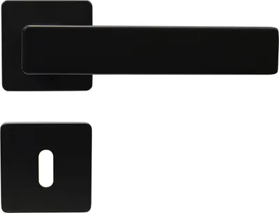 A black door handle set with a square escutcheon plate, shown against a white background.