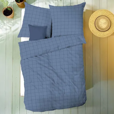 Produktbild von Kaeppel MUSSELIN Bettwäsche mit Holzknöpfen, aus 100 % Baumwolle Grid blau 1x135/200 1x80/80
