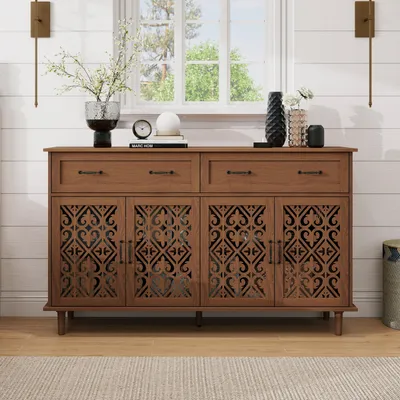 Produktbild von Sideboard mit geschnitztem Lochdesign - Nussbaumfarben - 4 Türen und 2 Schubladen - Höhenverstellbare Regale und Retro-Metallgriffe - Stabile Massivholzfüße