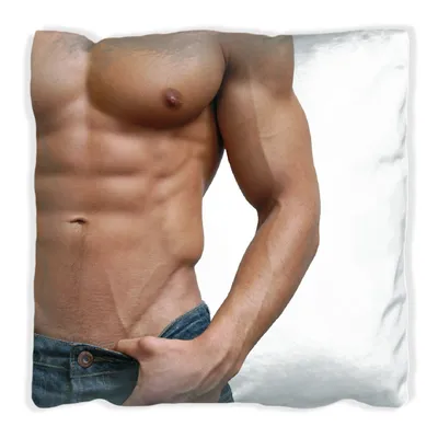 Produktbild von Wallario Premium Kissen, weiche Oberfläche, mit Motiv Halbnackter Mann mit Jeans, Größe: 60 x 60 cm, mit weißer Rückseite