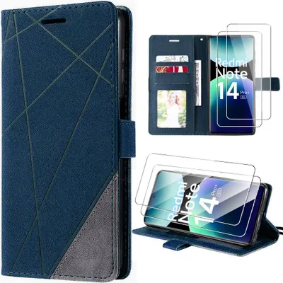 Image de Coque et 2 Verres Trempés pour Xiaomi Redmi Note 14 Pro Plus 5G - Effet Cuir Bleu Marine Antichoc